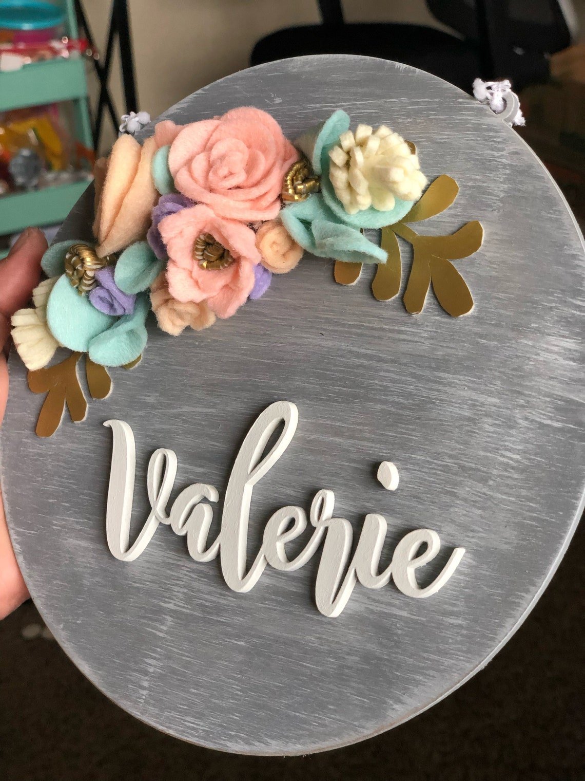 Custom Felt Flower Name Sign, Laser Cut Wood Nursery Decor - image 4