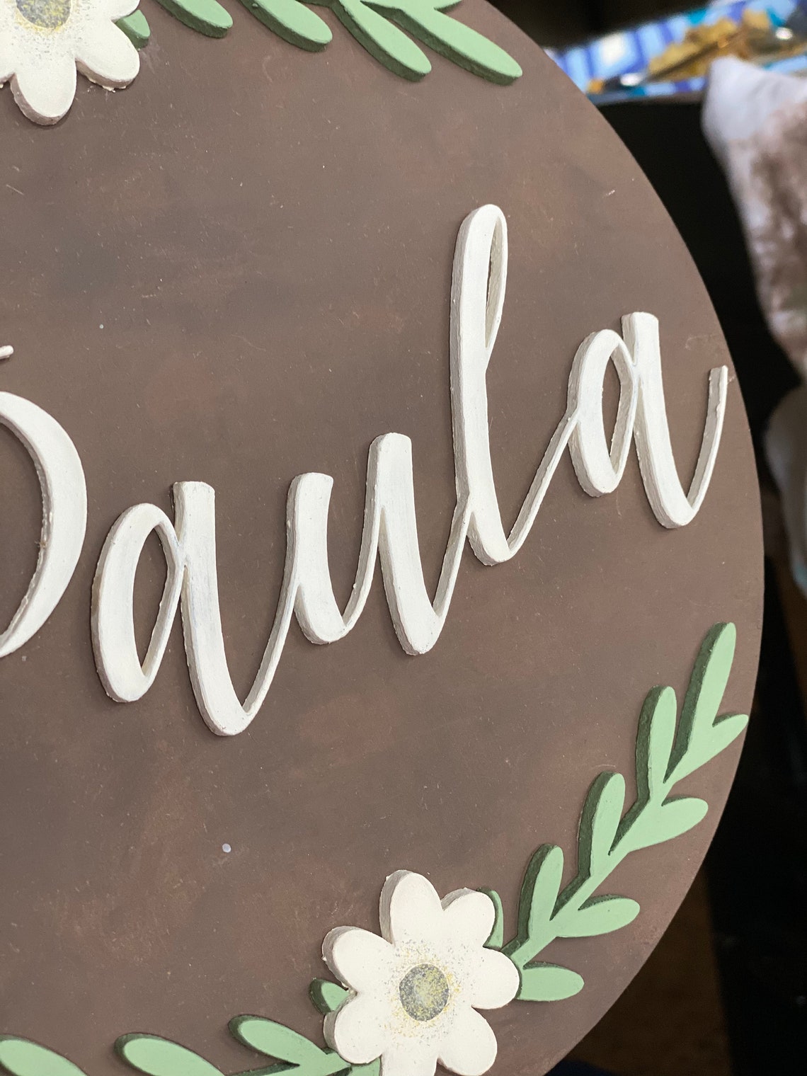 Custom Nursery Wood Name Sign, Round Floral Decor - image 3