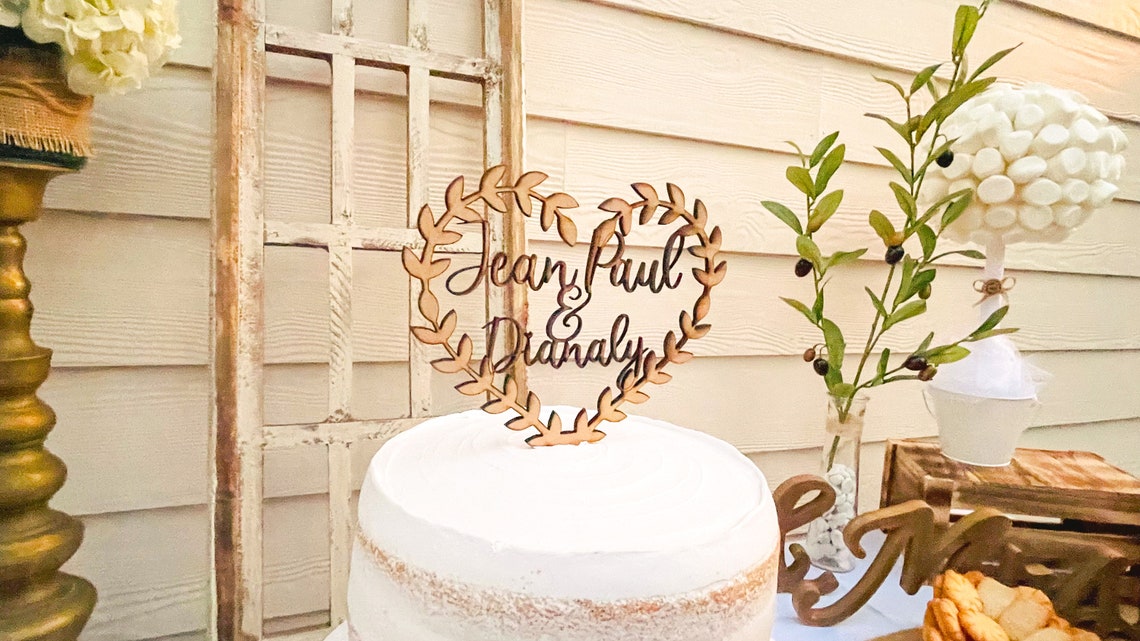 Personalized Wood Wedding Cake Topper, Boho Floral Wreath - image 4