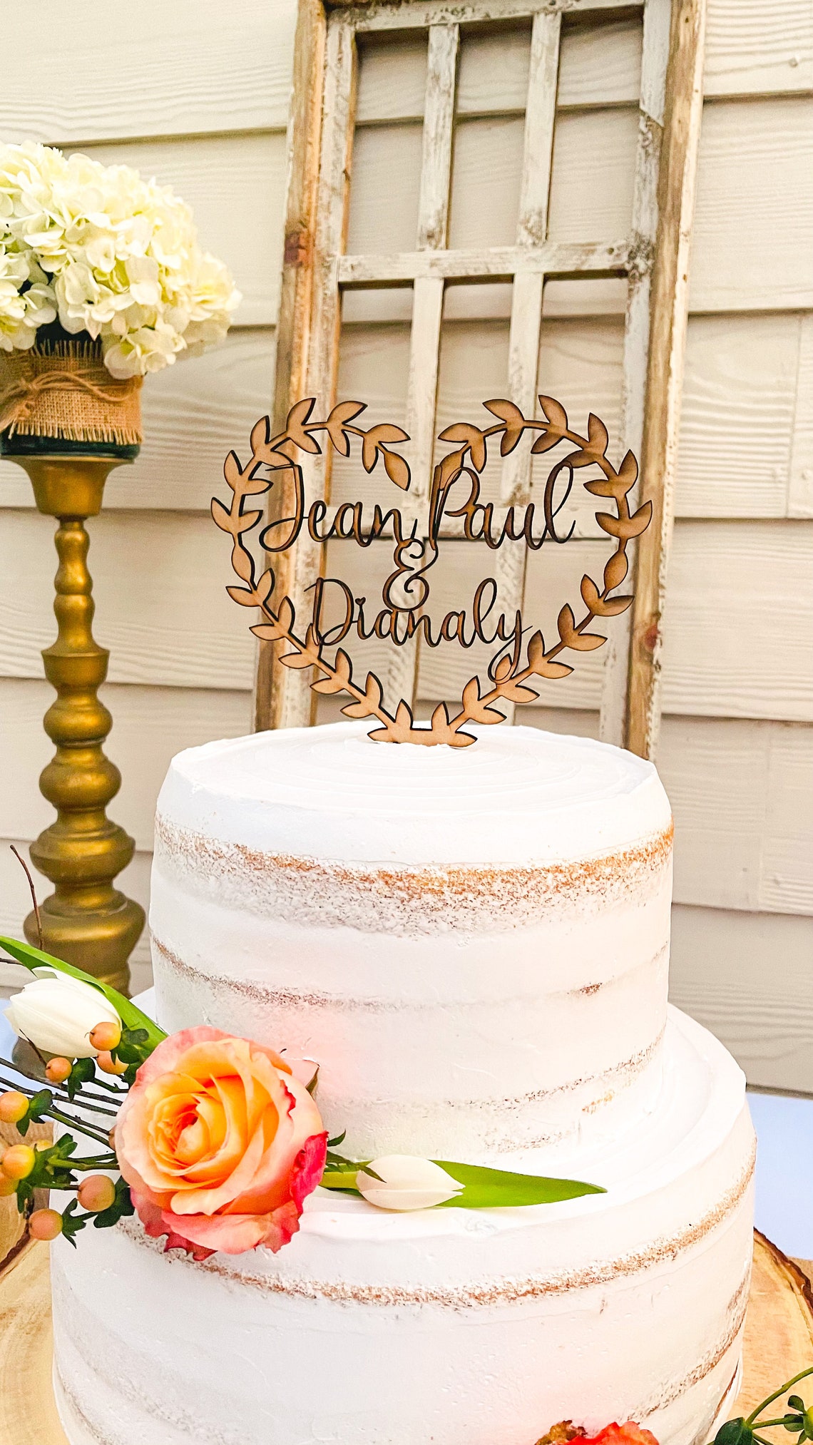 Personalized Wood Wedding Cake Topper, Boho Floral Wreath - image 5