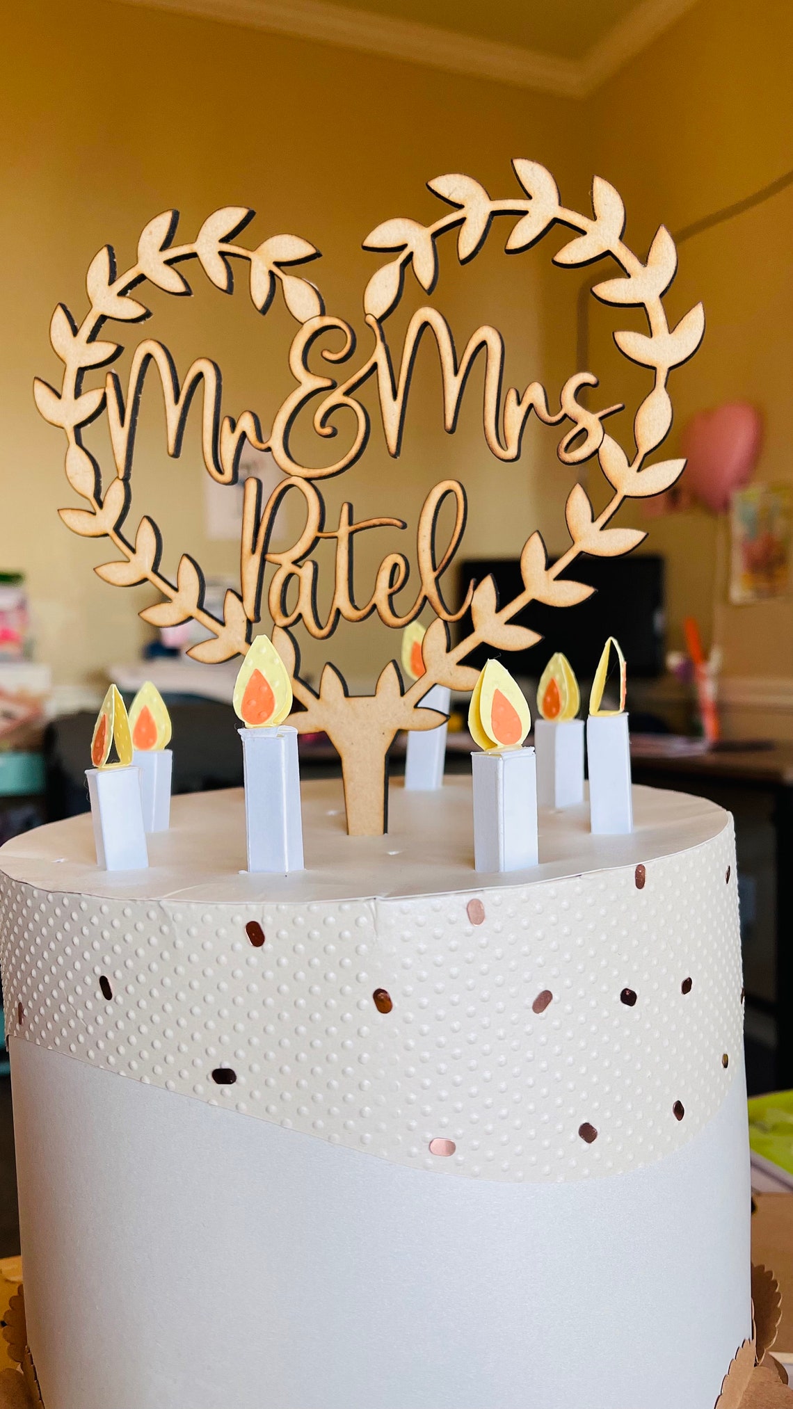 Personalized Wood Wedding Cake Topper, Boho Floral Wreath - image 6