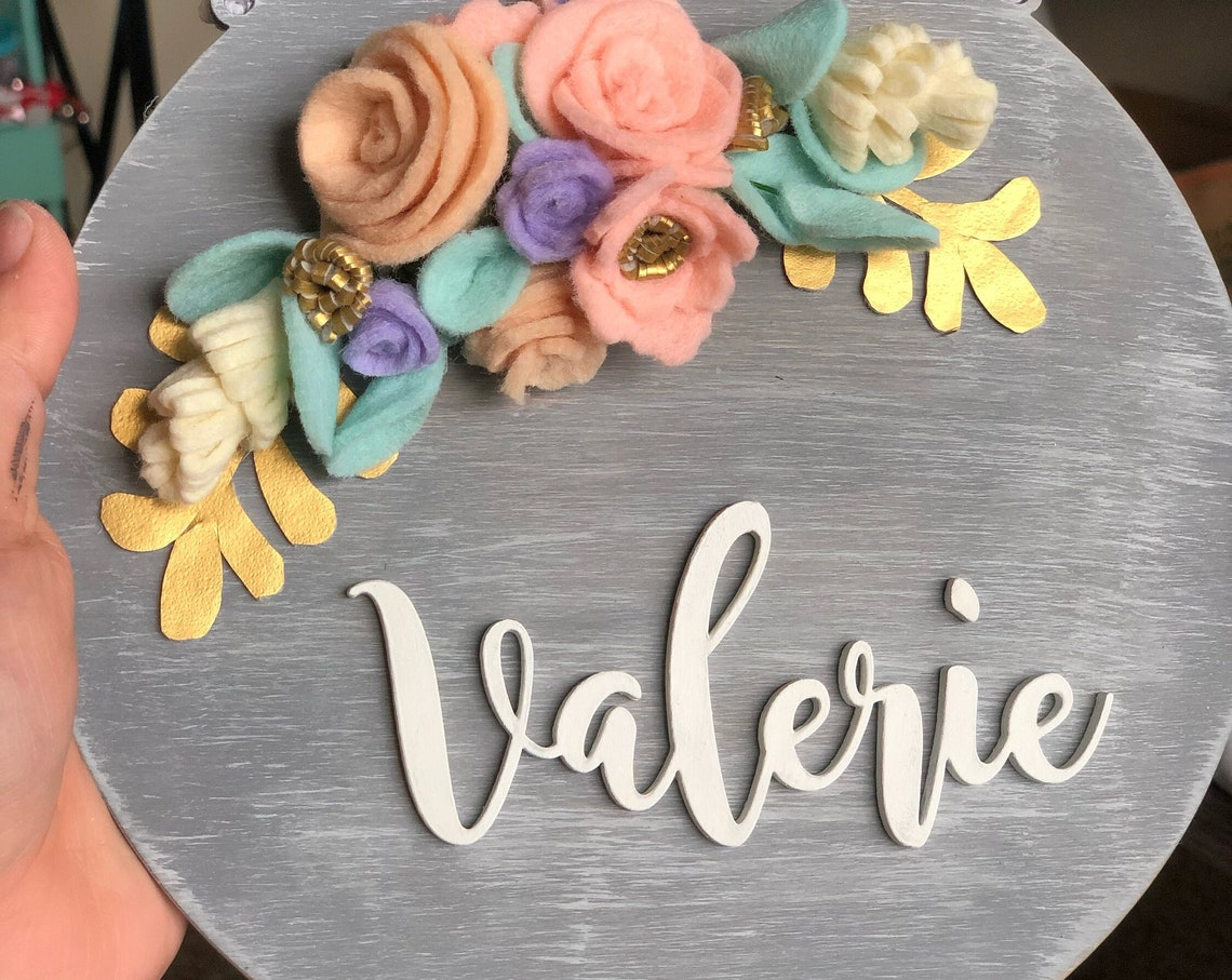 Custom Felt Flower Name Sign, Laser Cut Wood Nursery Decor