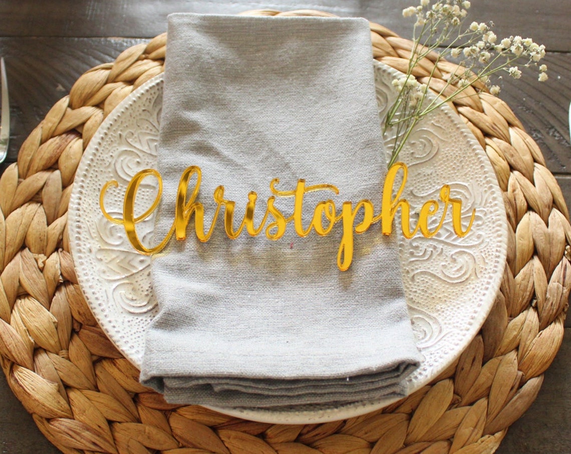Custom Gold Mirror Acrylic Place Cards, Laser Cut Wedding Guest Names