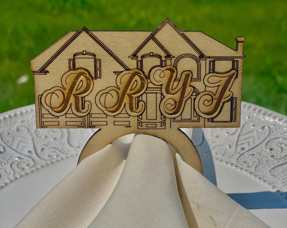 Custom Laser Cut Wood Napkin Rings, House or Initials, Set of 4-12
