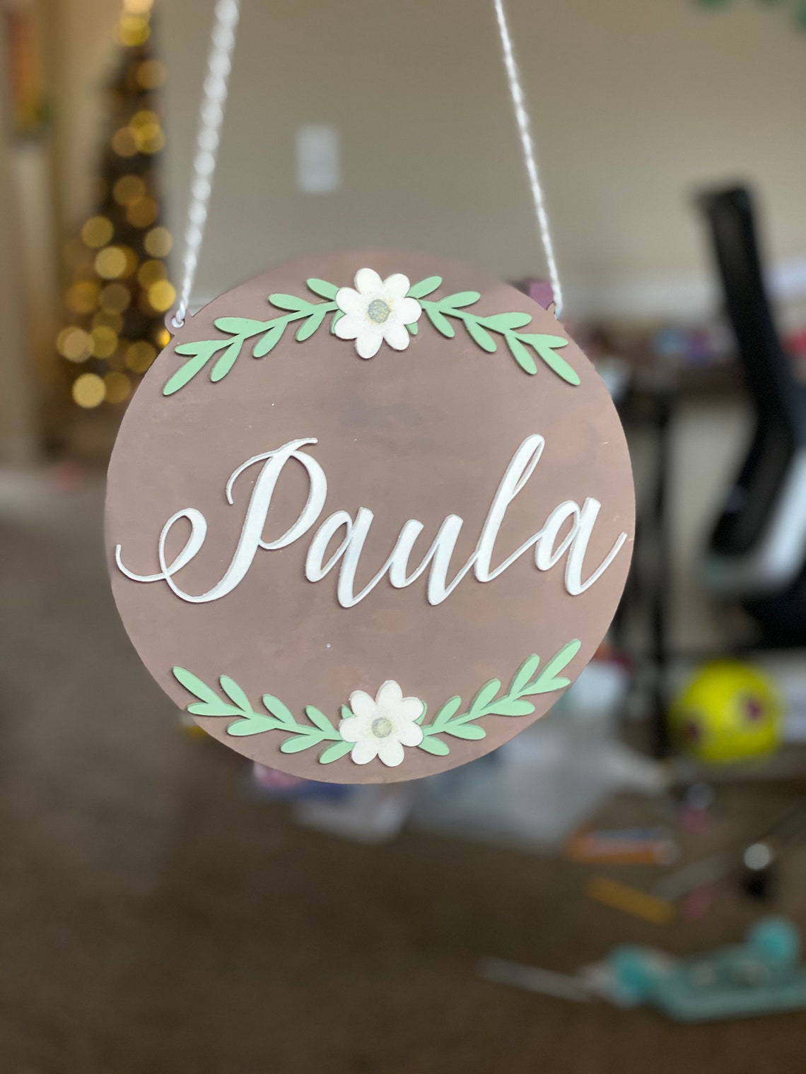 Custom Nursery Wood Name Sign, Round Floral Decor