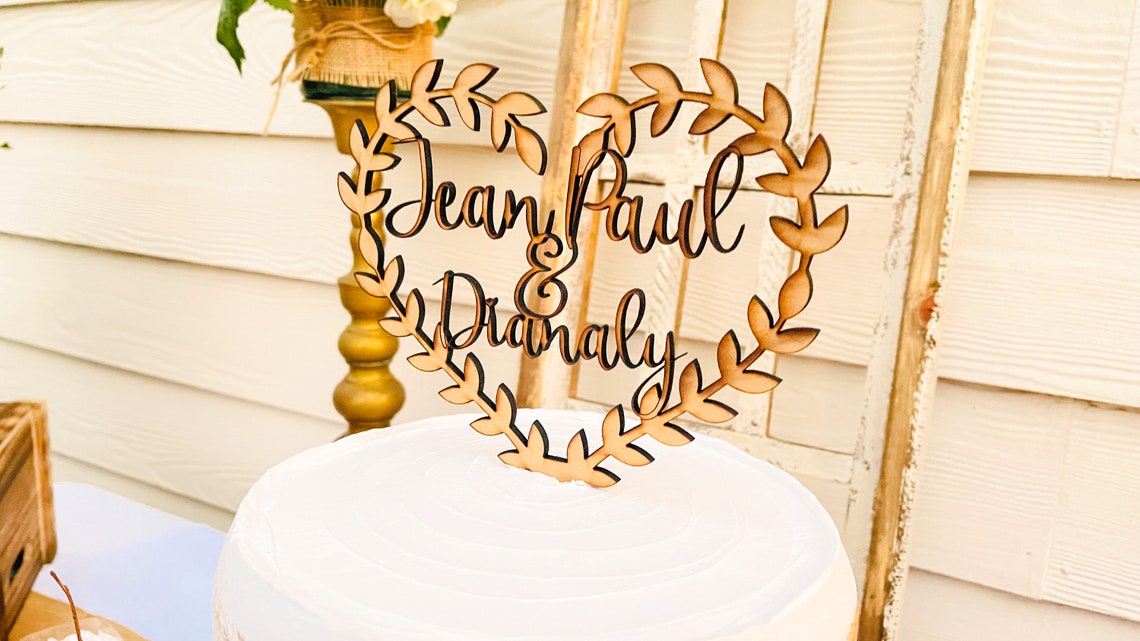 Personalized Wood Wedding Cake Topper, Boho Floral Wreath